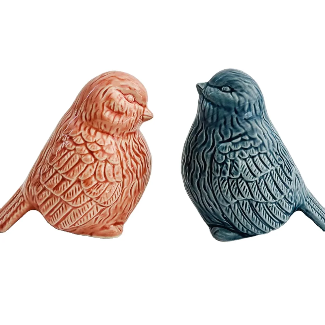 Pink & Blue Glazed Ceramic Large Bird Figures Floral & Love Birds Themes