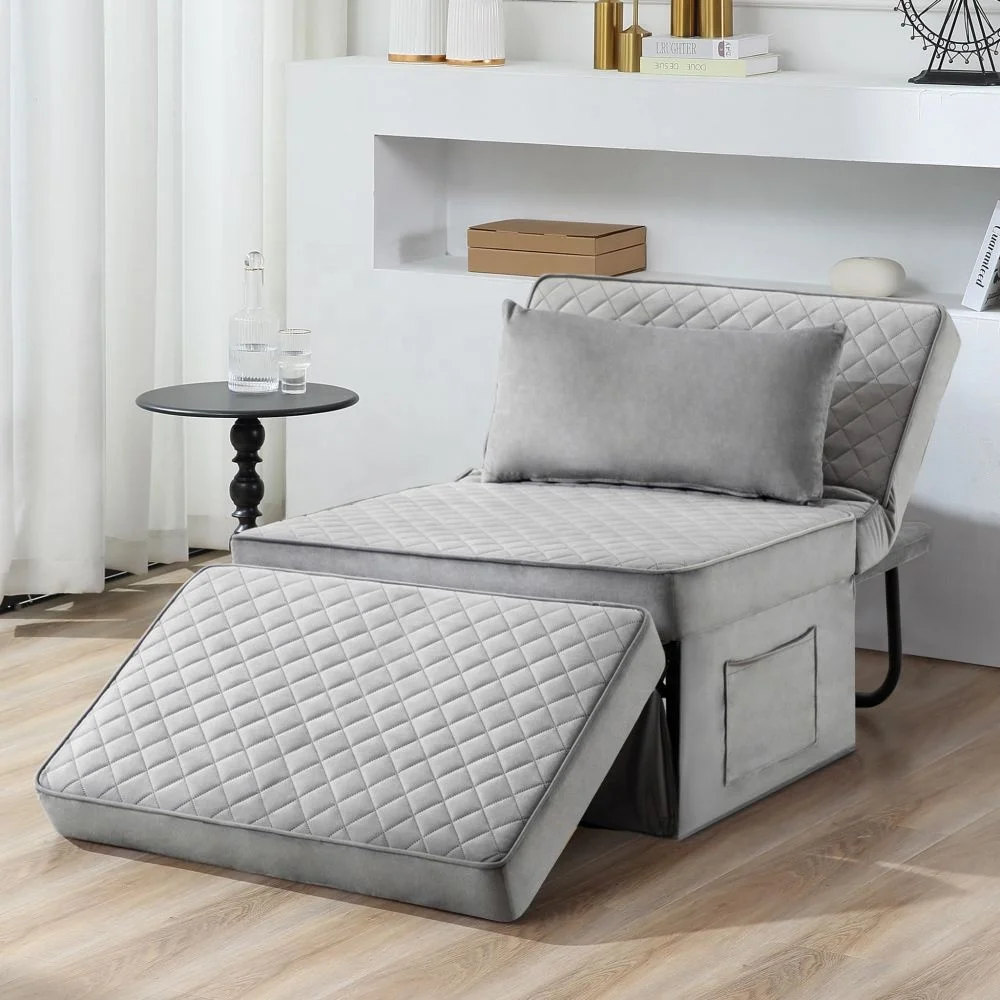 Multi Function Folding Ottoman Breathable Linen Couch Bed with Adjustable Backrest Modern Convertible Chair for Living Room