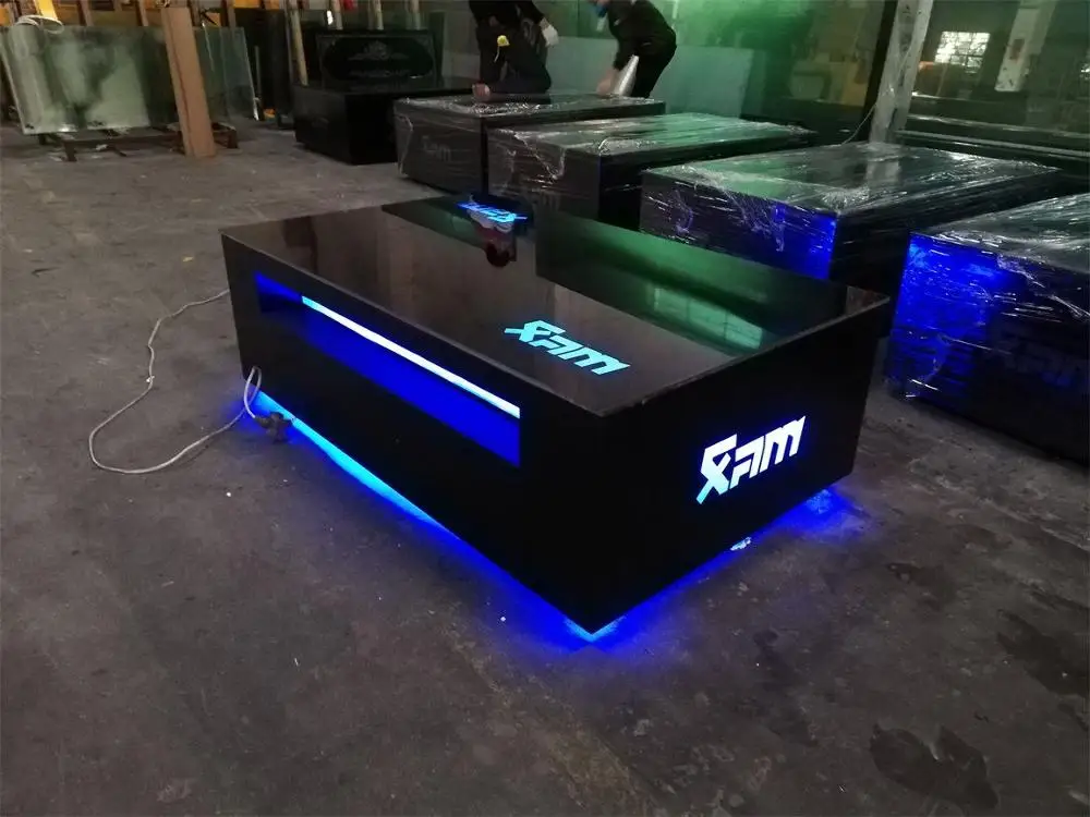 modern colorful led bar table with shelf black color glass coffee table lighted up bar table for disco