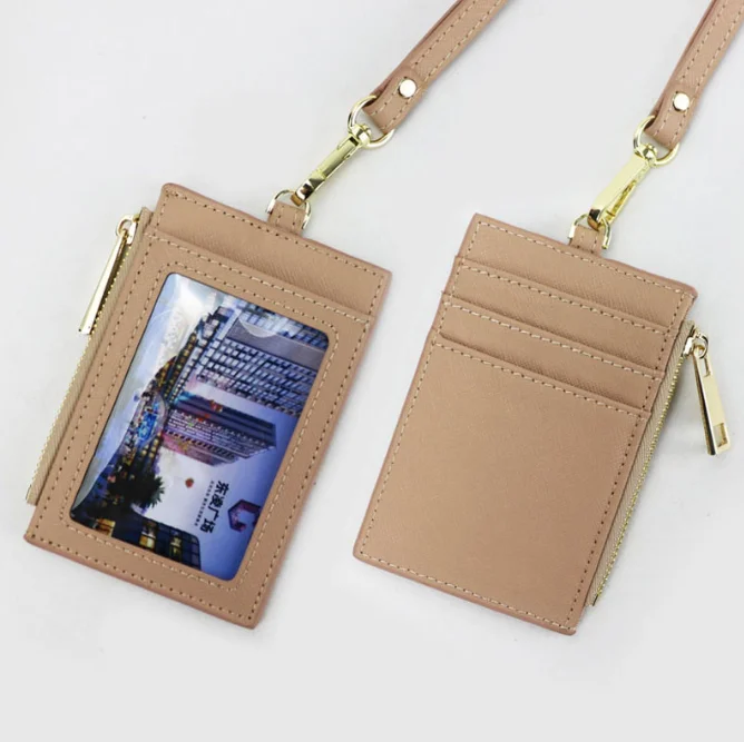 custom zipper badge saffiano genuine leather name id card holder with lanyard