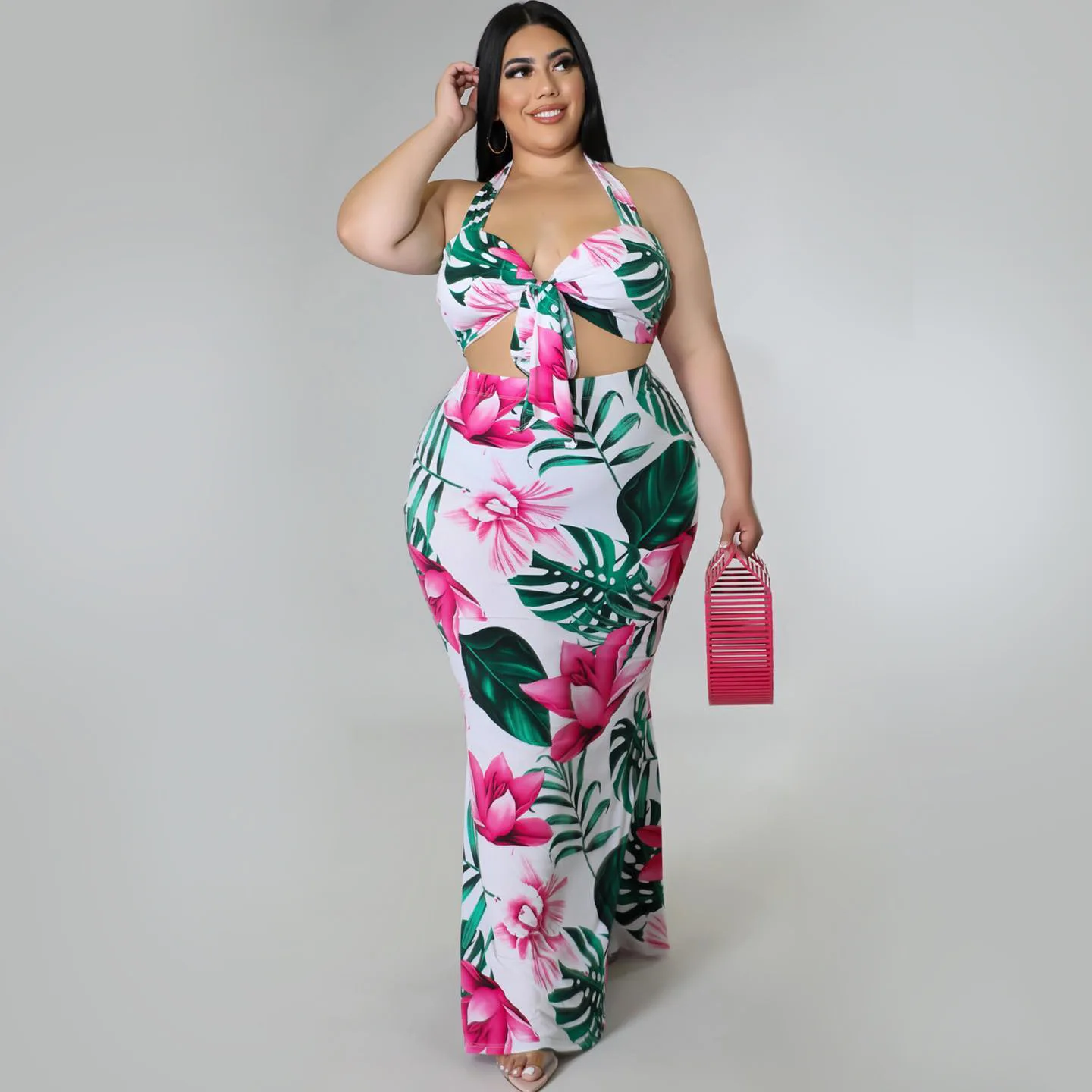 BA731  2022 New arrival fashion Summer clothes floral two piece long skirt set plus size women clothing