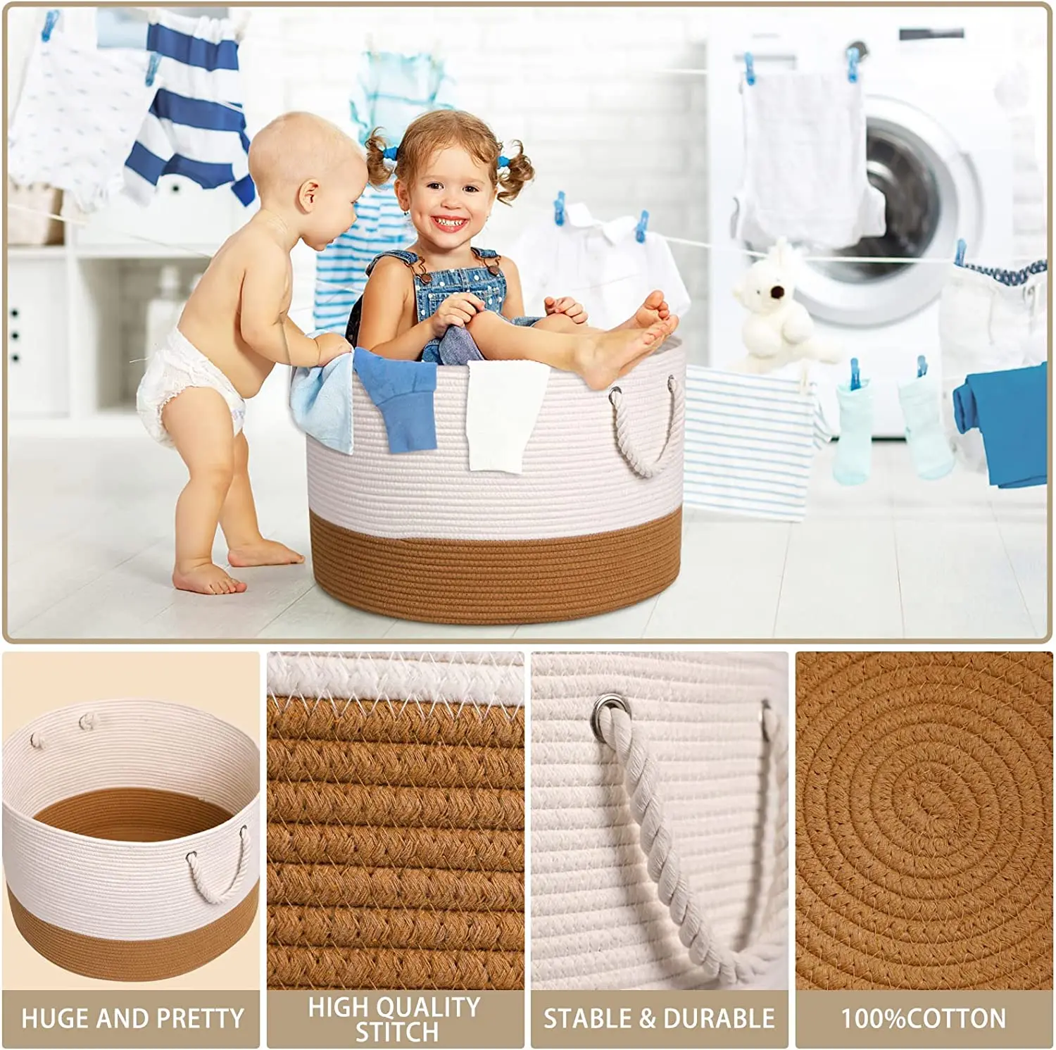 QJMAX Woven Cotton Rope Blanket Basket Living Room Bedroom Organization For Storage