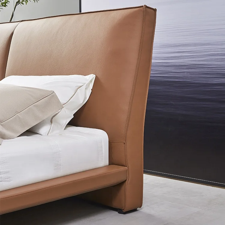 Imported Nappa Lychee Pattern Cow Skin Leather King Size Bed Frame Upholstered Bed With Bedside Table