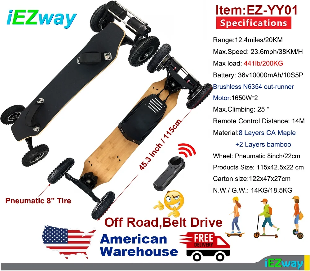 
2021 iEZway Drop Shipping US Warehouse Dual Belt Drive All Terrain 4 wheel Off Road Electronic Skate Board Electric Skateboard 