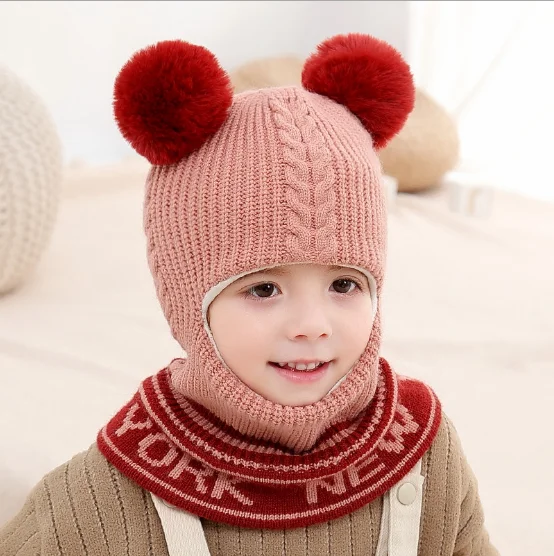 Thick Beanie Warm Winter Hat Kids Children Knitted Hooded Scarf Knit Letter Pom Pom Earflap Hat Cap Scarves Child Accessories