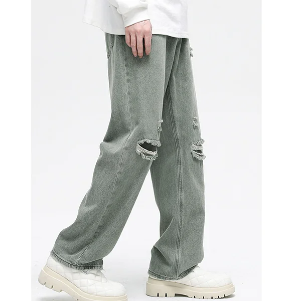 Custom Y2K retro baggy jeans green washed loose destroyed ripped wear holes solid jeans homme
