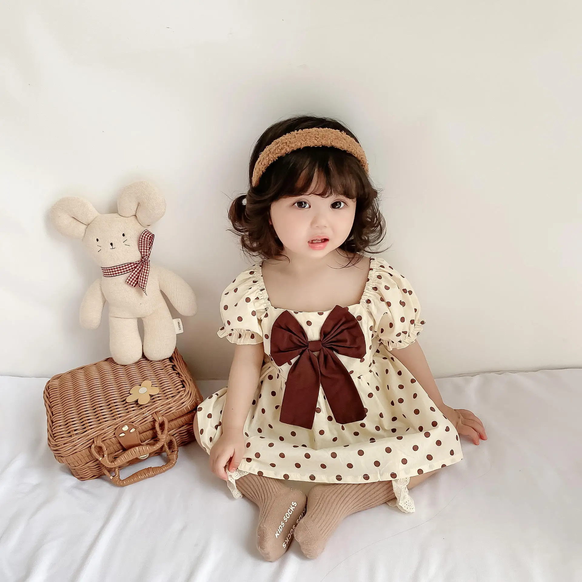 Korean version wave point foreign style baby bow princess skirt pure cotton short sleeve baby dresses