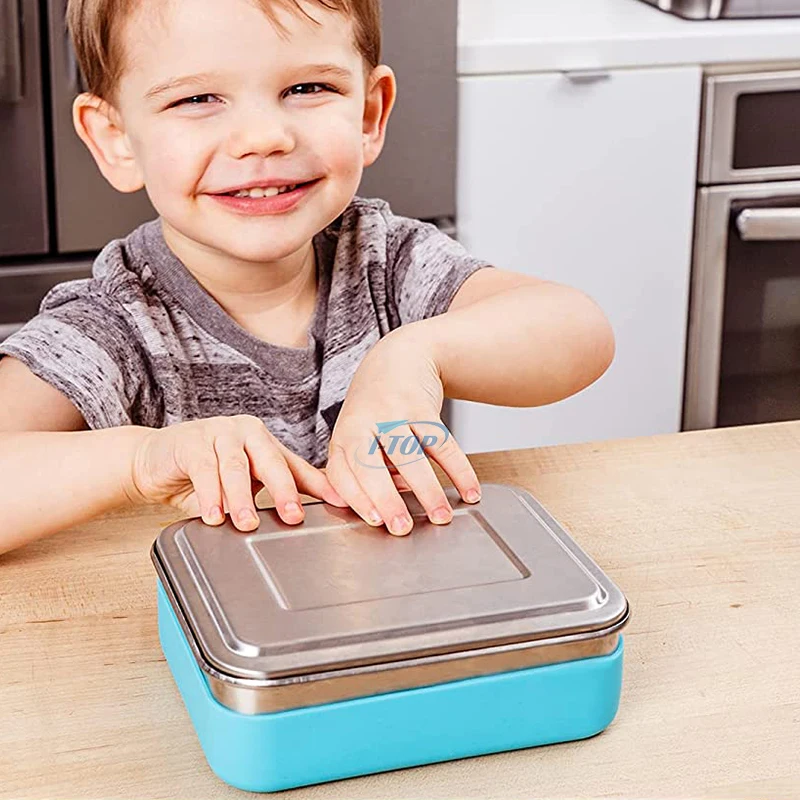 Custom Small Leakproof 304 Stainless Steel Food Containers for School Kids Rectangle Metal Lunch Boxes Bento with Silicone Lid