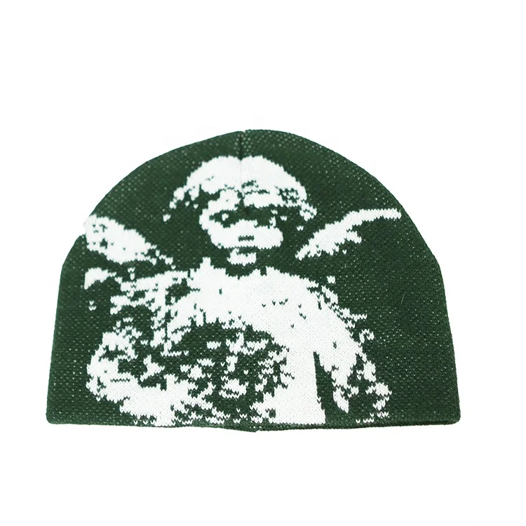 All Over Print Winter Knitted Angle Jacquard Beanie Hats Durable Sports Cap Custom Logo Embroidery Cuffless Toque Unisex