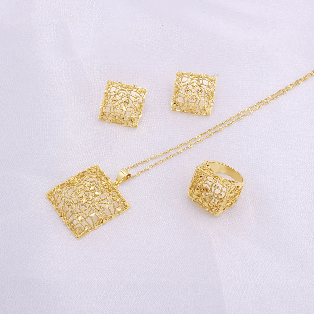 Conjuntos De Joyas India African Wedding Bridal Sets Necklace Earring Ring Middle East Dubai Women 24K Gold Jewelry Set