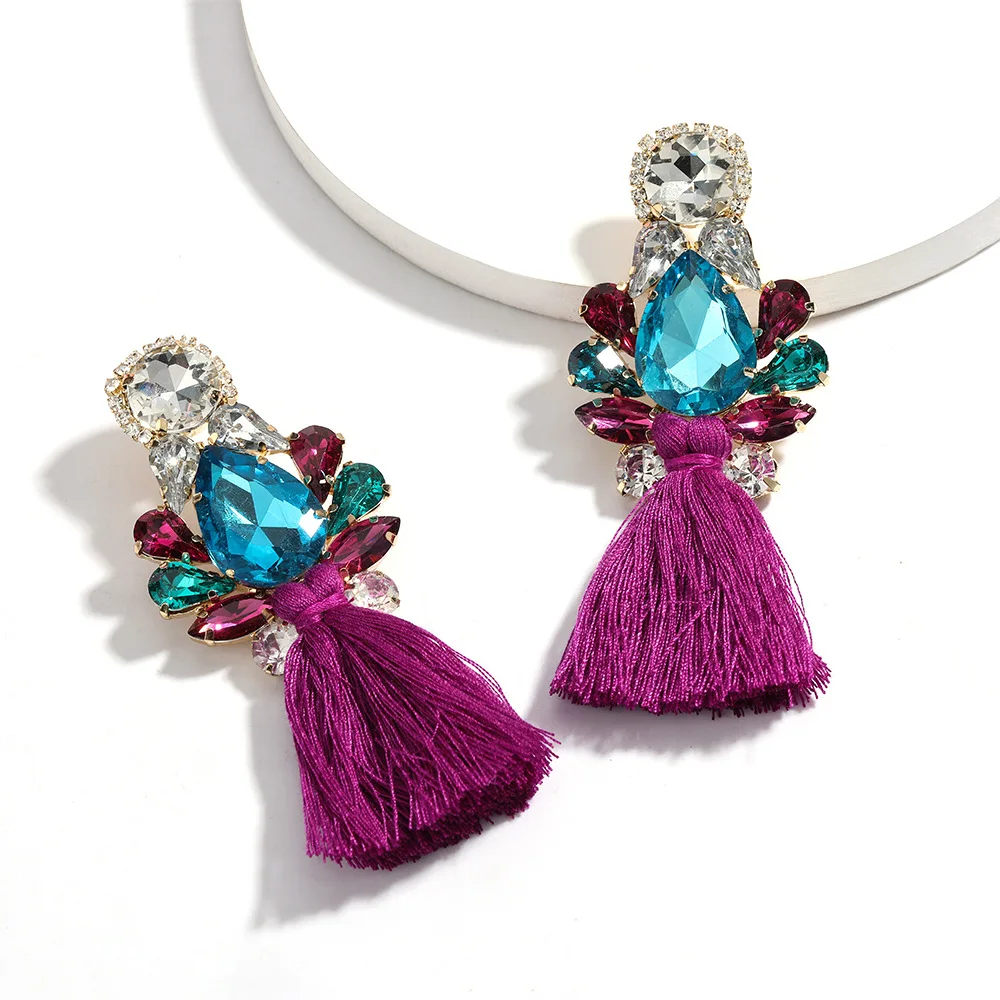 2023 Boho Crystal Rhinestone Nickel Free African Fringe Earrings Handmade Long purple Tassel Earrings for Women