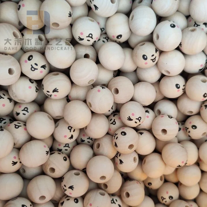 Printed 20mm Smiling Face Ball Wooden Beads Custom Smile Wood Beads with Smiley Face for DIY Bracelet Necklace Making