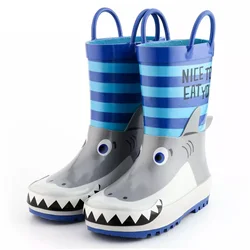 Custom Children Rainboots Handles Gumboots Shark Mouth Print Rubber Kids Rainboots
