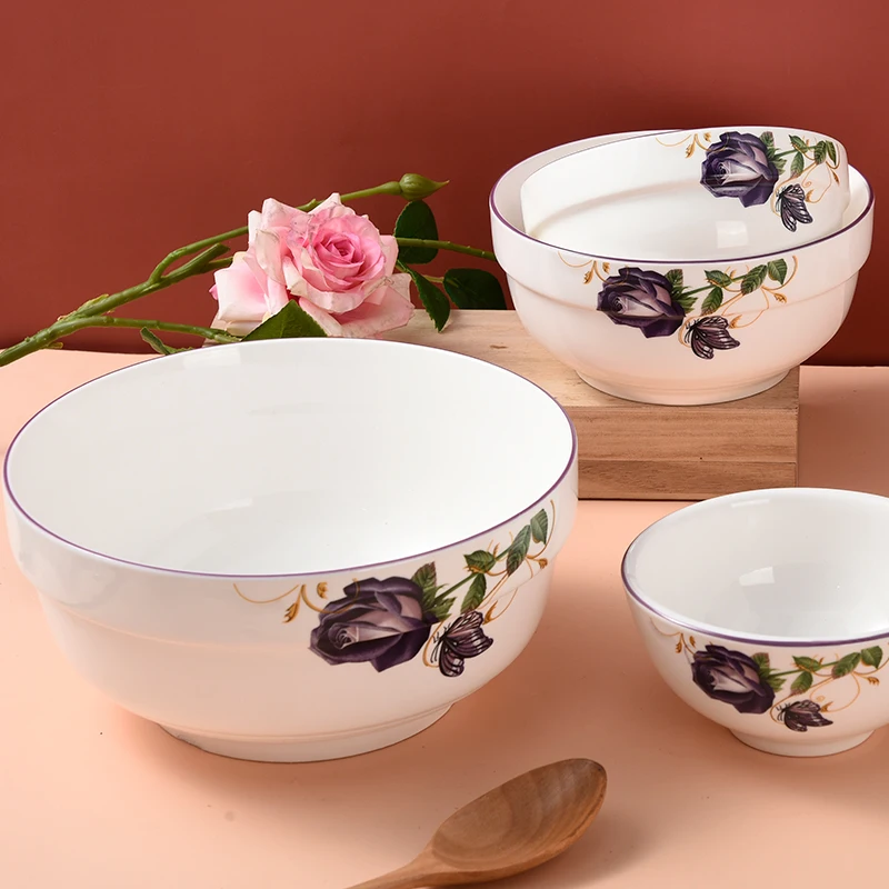 Rose flower three-color salad bowl porcelain rice bowl set thickened edge design heat insulation and anti-scalding lead-free