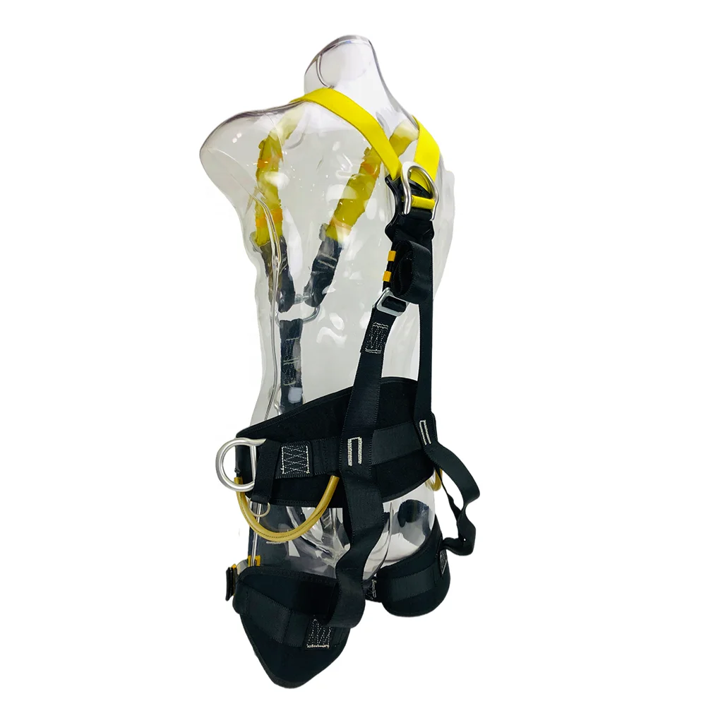 Tower climbing full body safety harness with shock absorbing double lanyard