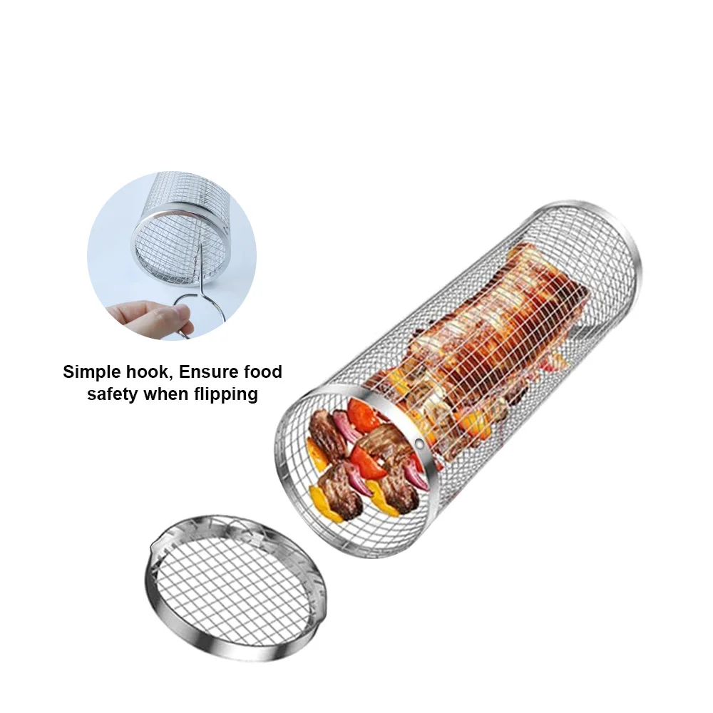 Round stainless steel metal net tube bbq barbecue basket cylinder rolling grilling basket