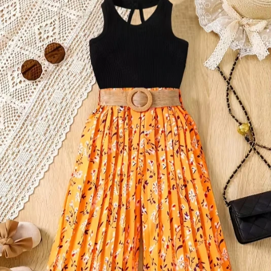 2024 new summer teenager girl clothing set summer sleeveless shirt loose pants 2pcs outfit