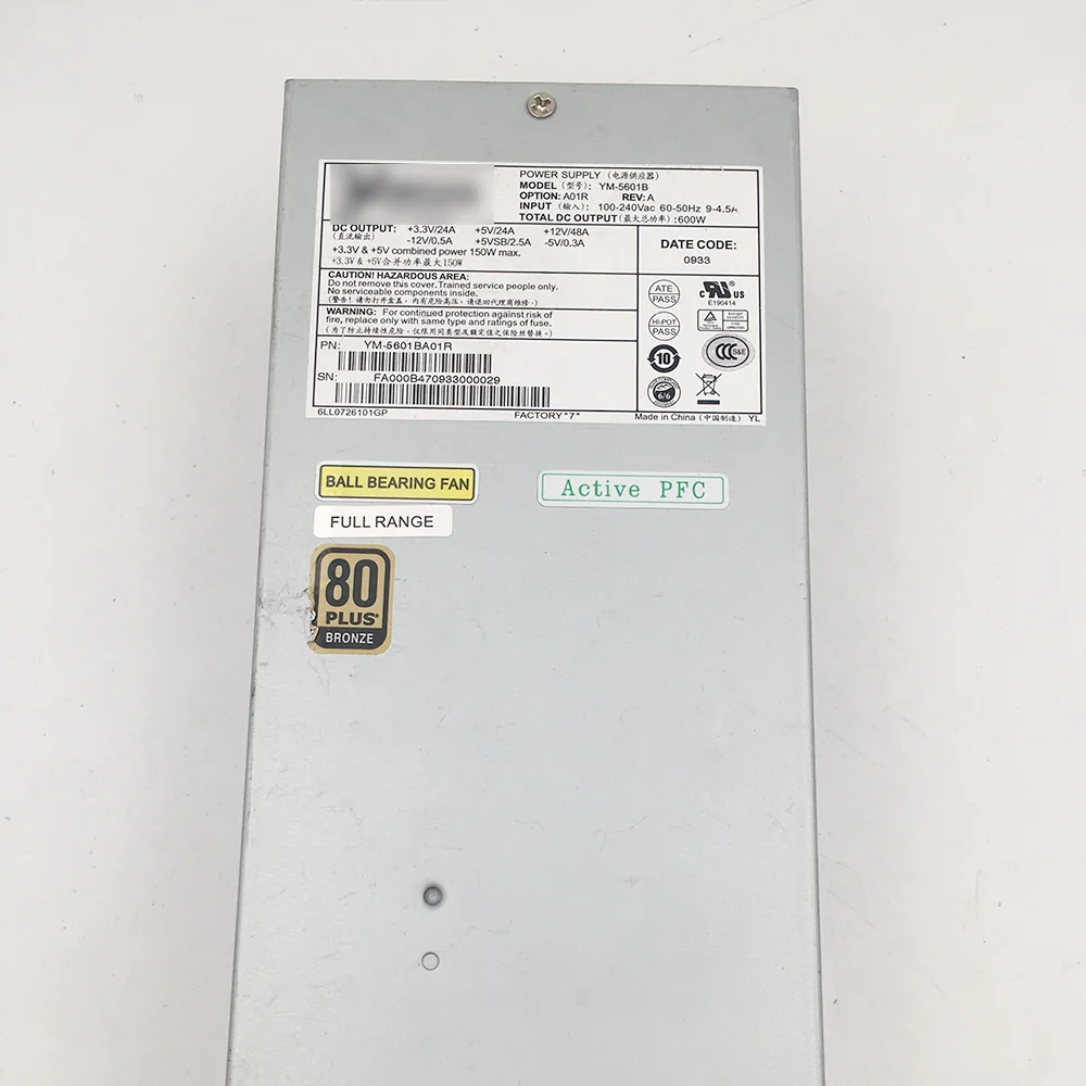 For 3Y Server Power Supply YM-5601B 2U 600W Perfect Test Before Shipment