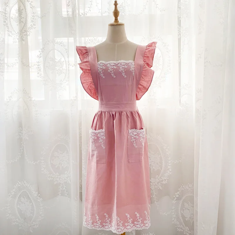 Custom Restaurant Kitchen Women Cooking Chef Barista Cotton Linen Apron Dress With Pocket
