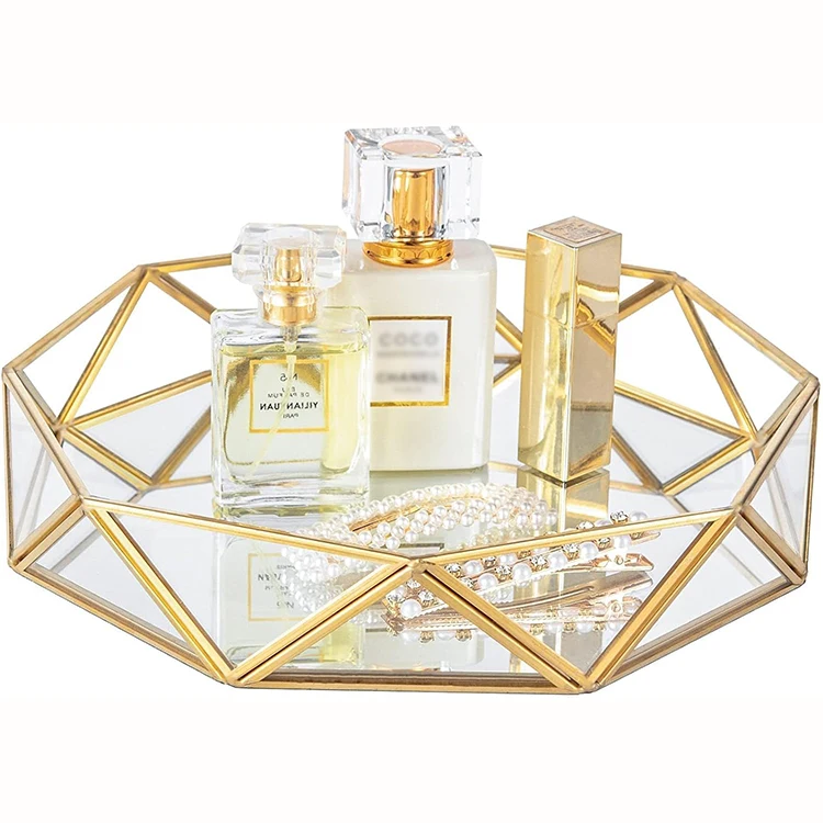 Gold Glass Perfume Tray Mirror Vanity Jewelry Trinket Organizer Tray Cosmetic Makeup Geometric Shape Display Decorative Tray