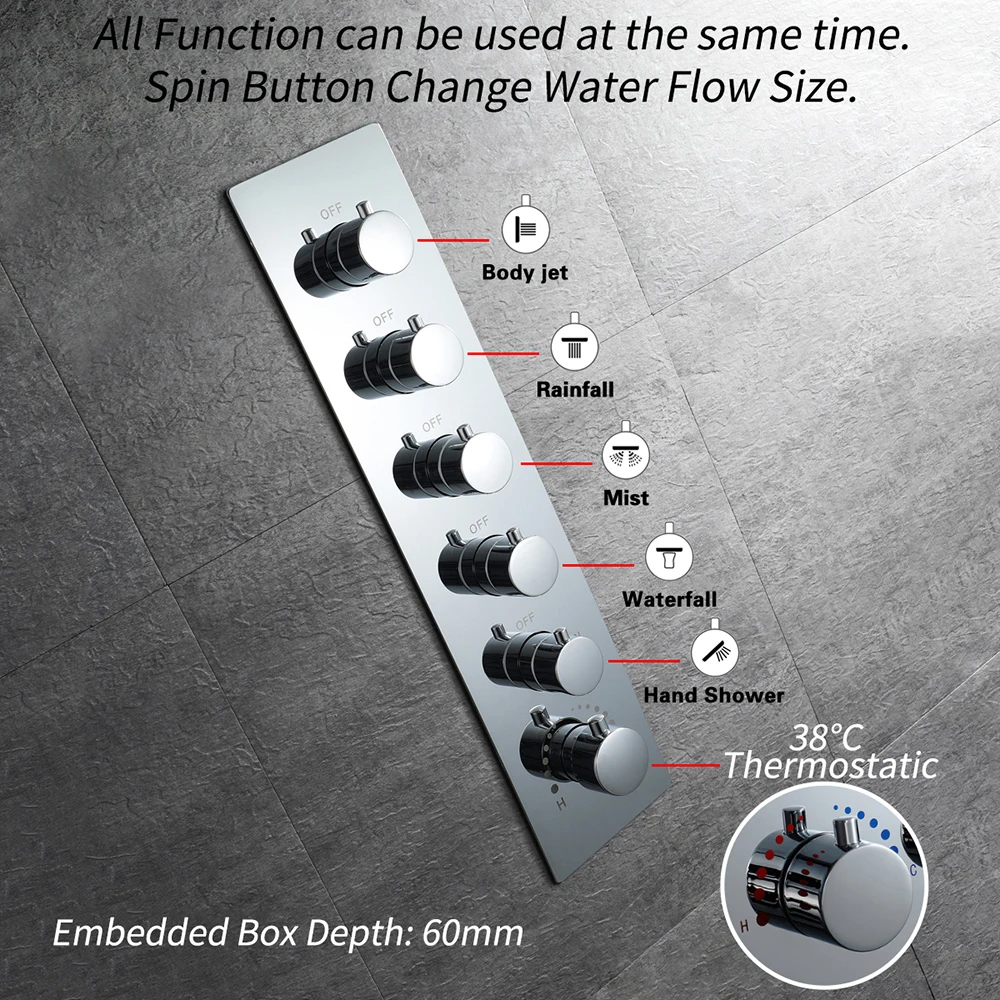five functions thermostatic shower mixer valve Led shower faucet set