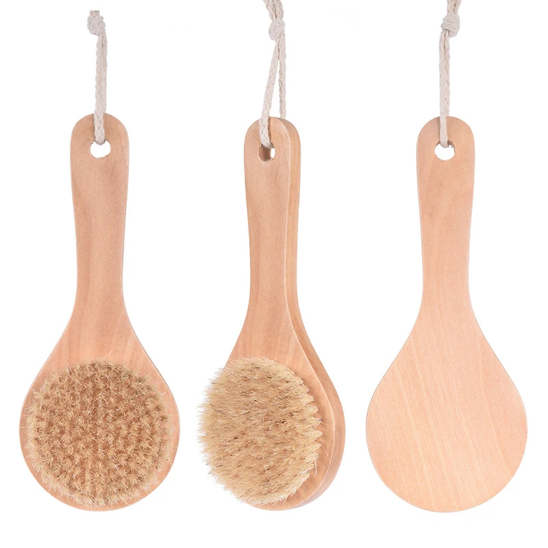 Long Handle Wet or Dry Shower Brush Silicone Bamboo Wooden Bath with Soft and Stiff