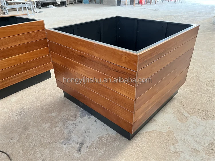 Customized Rectangular Solid Wood Flower Planter Pot Stainless Steel Moving Plant Box for Street Public
