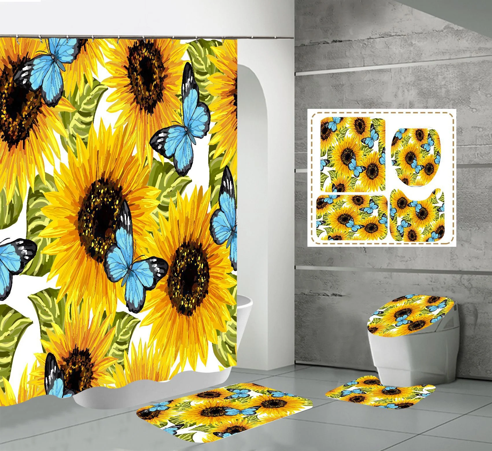 Customizable High Quality Eco-Friendly Polyester Modern 4pcs Waterproof 3D Printed Butterfly Shower Curtain Set Bathroom Curtain