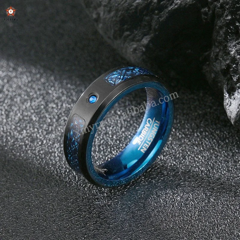 Fashion Black Tungsten Wedding Celtic Dragon Rings For Men Inlaid blue Zircon Punk Men Stainless Steel blue Carbon Fibre Ring