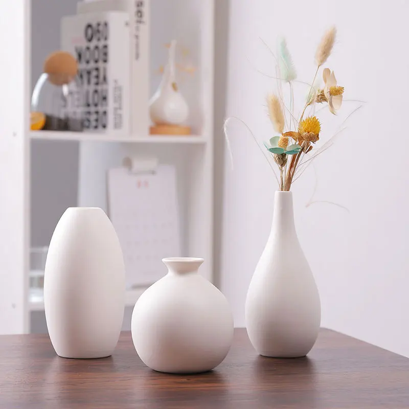 Flowing Glaze Kiln to Blue Ceramic Vase Decoration Home Decoration Plain Burnt White Vase Flower Insert Three Piece Set