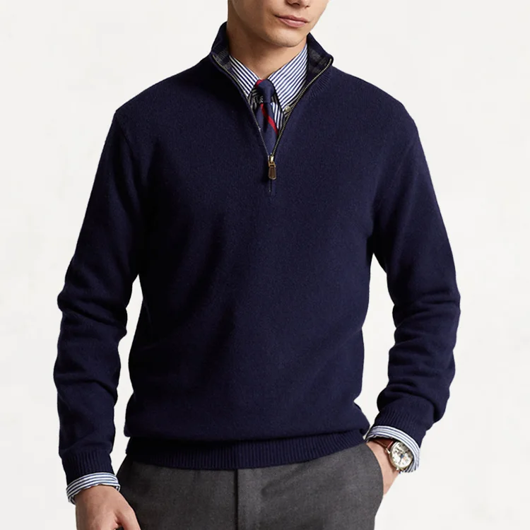 Senior custom logo embroidery jacquard luxury designer cable knit cashmere wool quater zip pullover knitwear men sweater