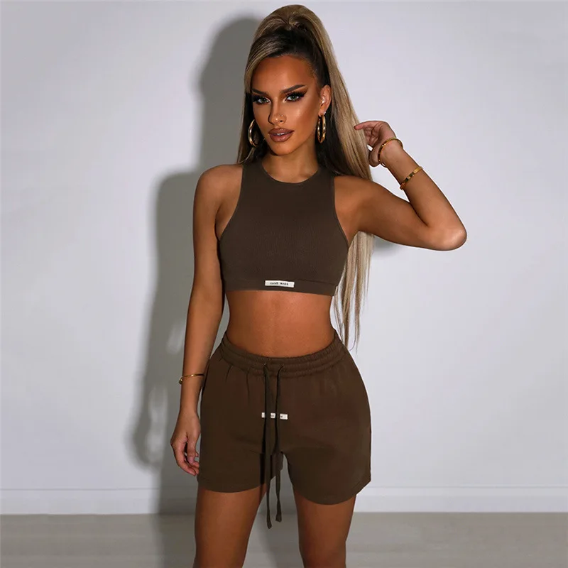 Summer 2022 Crop Top 2 Two Piece Set Women Clothing Shorts Loose Pants Set Clothing Solid Color Sleeveless Tracksuit Shorts Sets