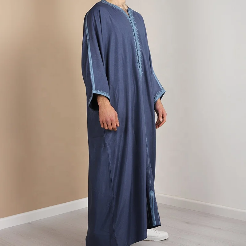 Wholesale Fashionable Men Dubai Long Sleeve Thobe Blue Cotton Luxury Abaya Muslim Long Dress Oversized