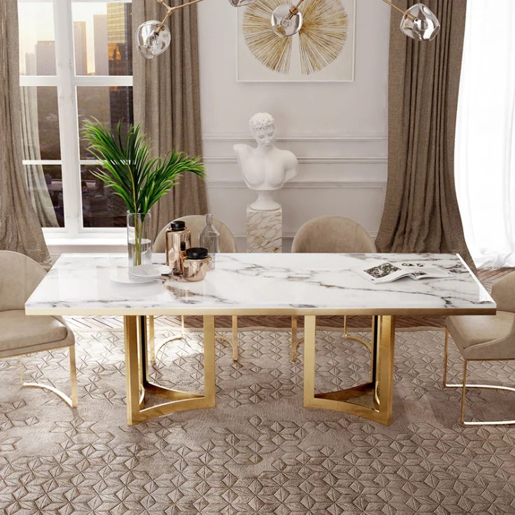 Italian Fashion Light Luxury Style Custom Stainless Steel Dining Table Match With 6  Seat Chair