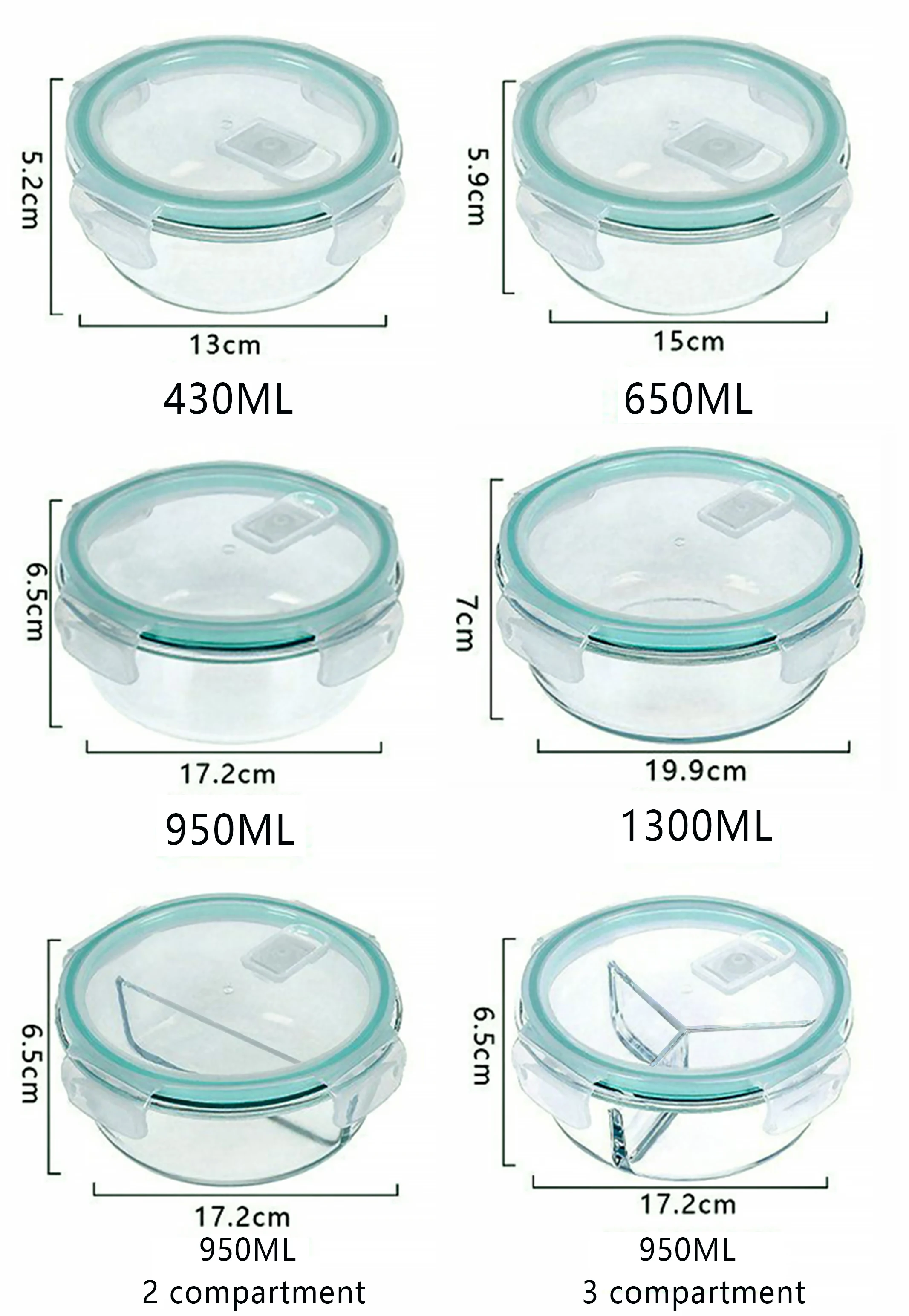 400Ml 950Ml 1050Ml 3 Compartment Microwave Oven Heating Lunch Box Food Borosilicate Glass Container With Plastic Lid