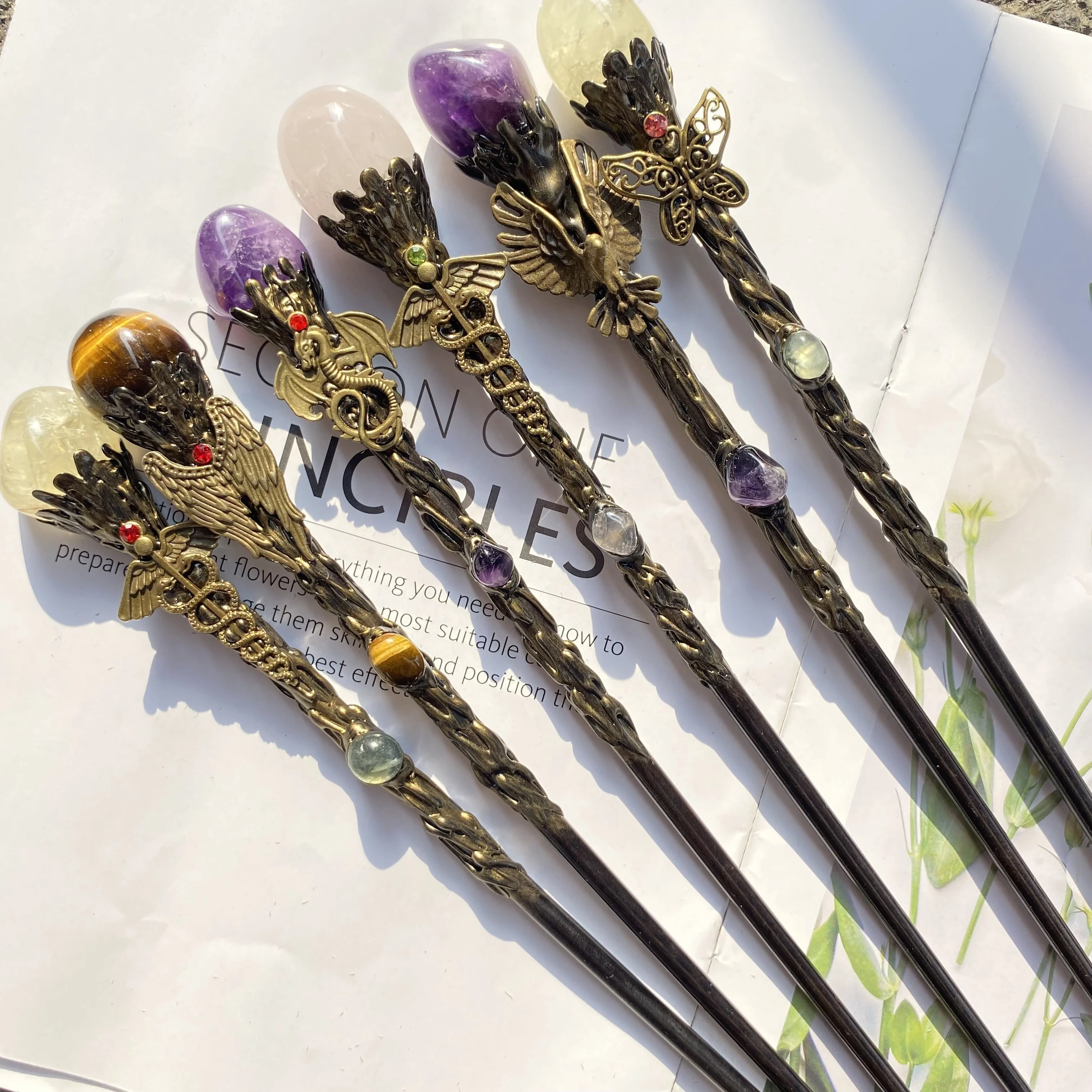 Gem Fairy Stick Crafts Alloy Angel Dragon Accessories Rose Quartz Amethyst Healing Crystal Magic Wand Ornament For Gifts