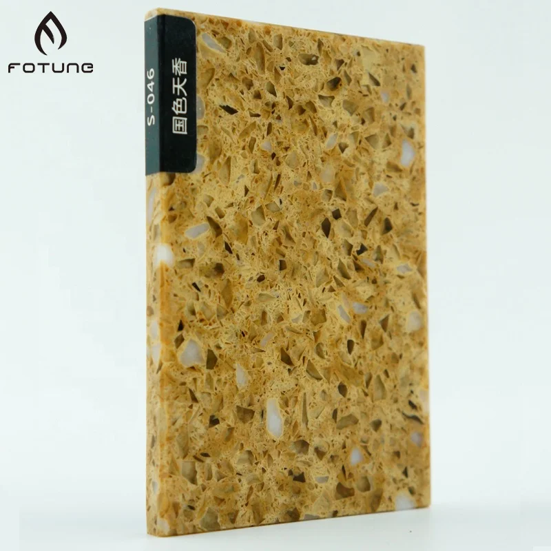 Customized Solid Surface Crystal Prefabricated Countertop Yellow Quartz Slabs Stone