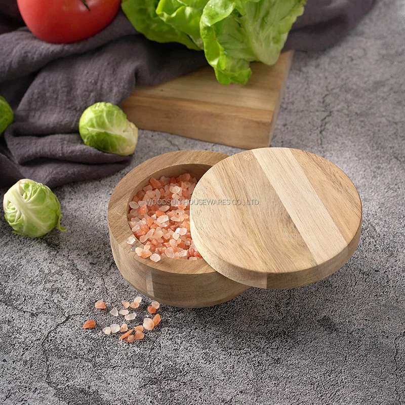 Woodsun Magnetic Swivel Lid Salt And Pepper Box Round Wooden Salt Box