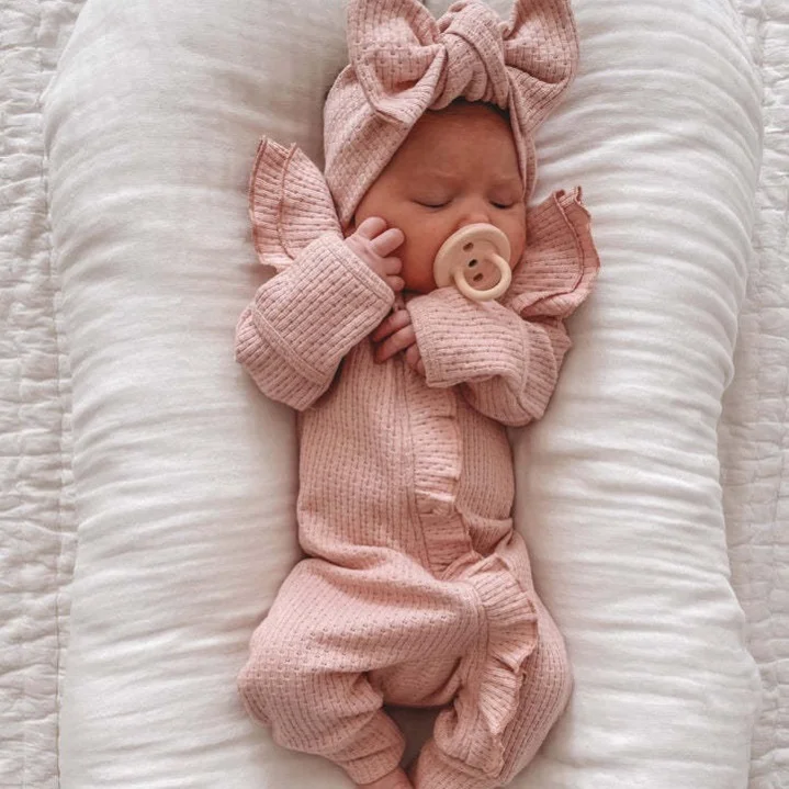 New Style Solid Color Soft Ruffle frill basic long sleeve Newborn baby Jersey Waffle Girl Baby Romper Outfits