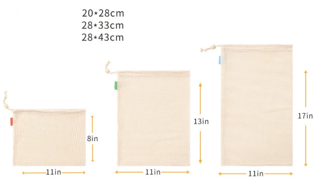 Recyclable vegetable and fruits storage bags large mesh drawstring bag shopping produce organic cotton mesh bags
