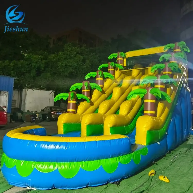 Outdoor kids commercial jump house tropical palm tree inflatable water slide with pool wholesale