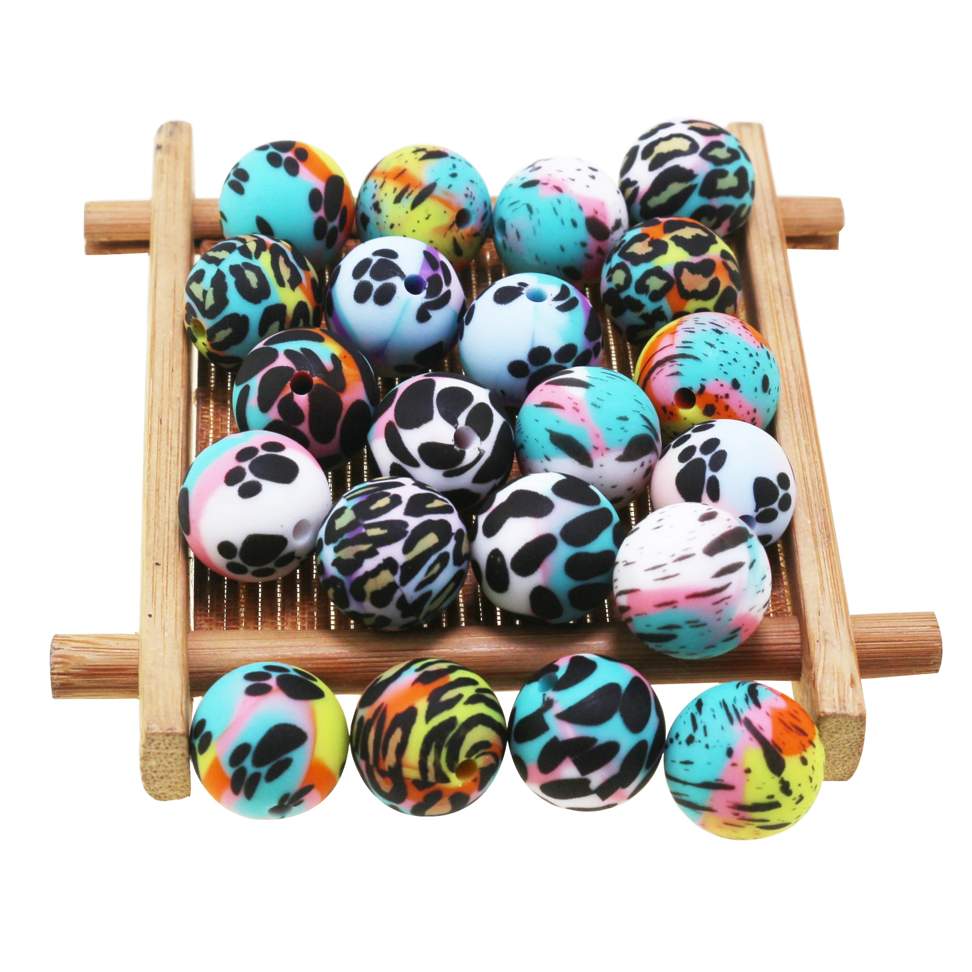 New Colors Colorful Tie-dye Rainbow Cow Paw Leopard Print Loose Beads Baby Teething Round Wholesale 15mm Silicone Beads Print