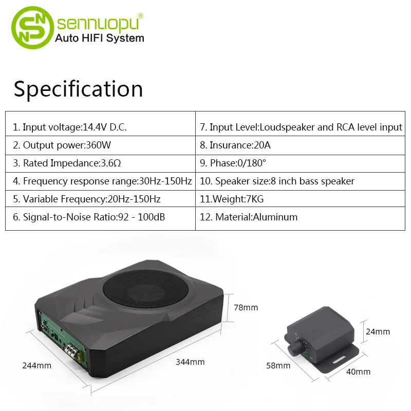 Sennuopu Car Audio Active sub woofer Car Stereo 8 inch Subwoofer Under Seat for Built in Amplifier