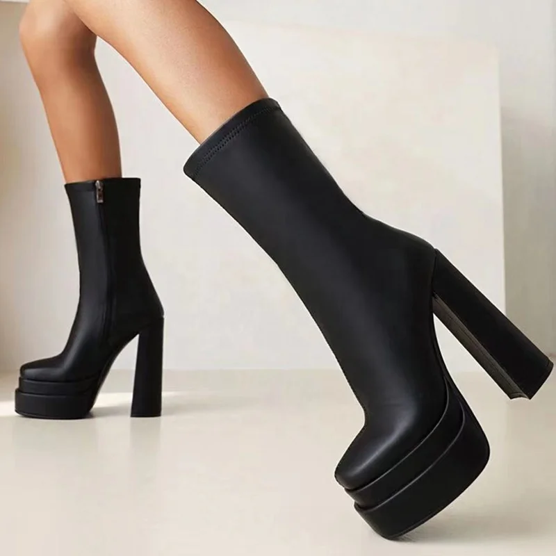 Winter Anti-cold High Toe Platform Boots Stone Print PU Patent Leather Square Toe Black High Heel Ankle Boots for Women Zip 43