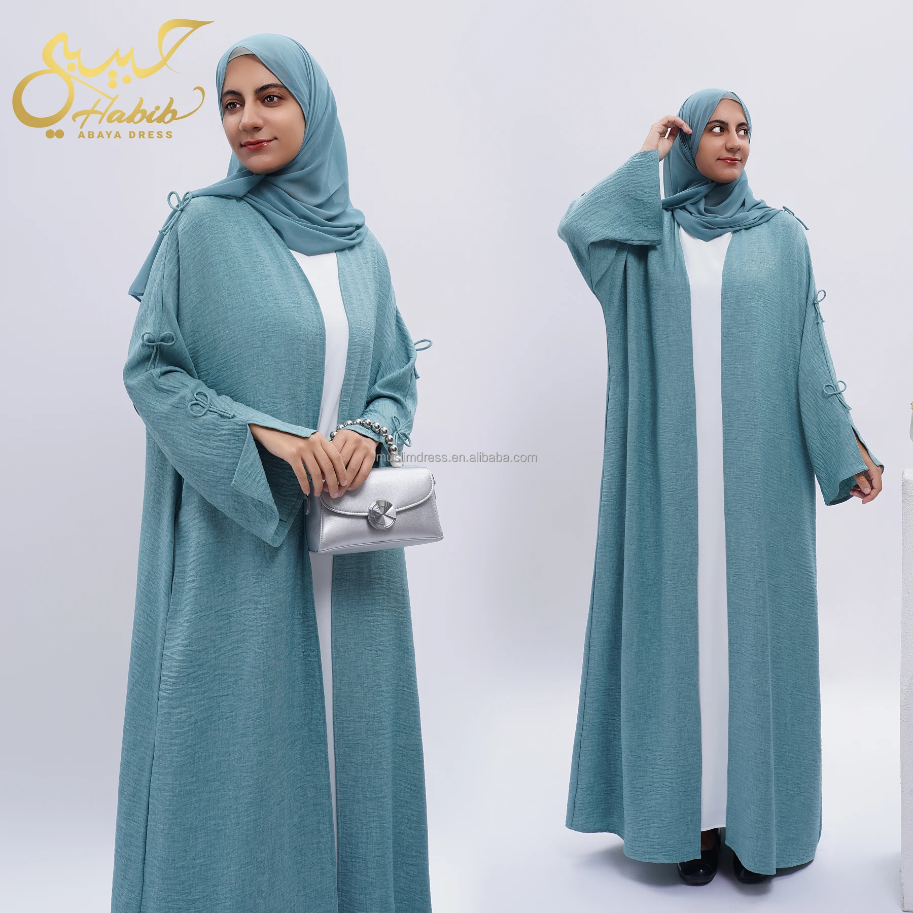 2024 Habib Deep Green Polyester Adult Abaya Set Breathable Open Abaya with Hijab and Bow Decoration Wholesale Dress