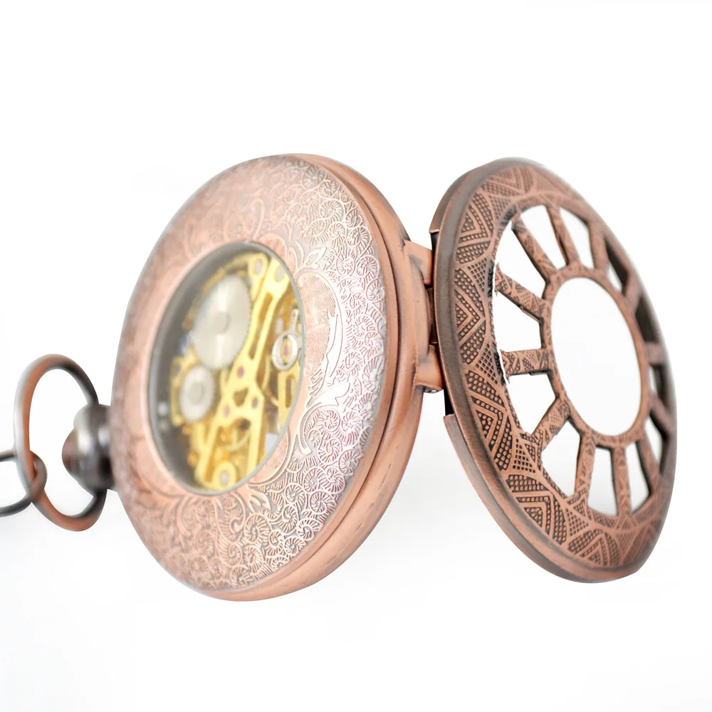 Antique Hollow Manual Bronze Hand Winding Mechanical Retro Roman Sun Pocket Watch