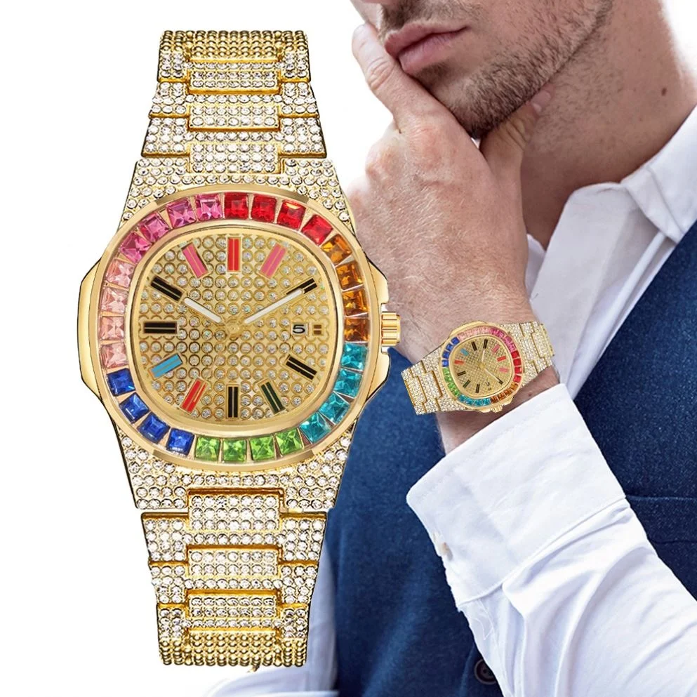 Fashion ice out diamond watch Luxury Colorful gold Full Diamond Mens Watches Square Hip Hop watch Bling