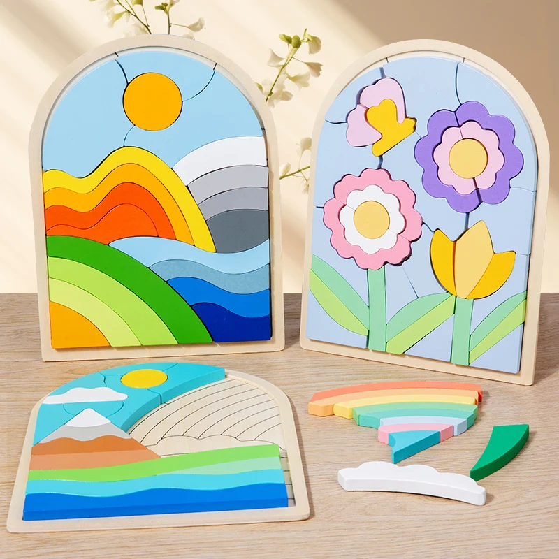 Factory Price Wooden Matching Iridescence Multiple Themes Educational Toy for Unisex Kids Scenery Block Board 3D Jigsaw Puzzle