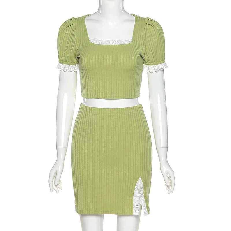 NADANBAO Summer New Hot Sale Solid Color Cropped Top Slit Skirt Suit Lady Elegant Sexy Skirt
