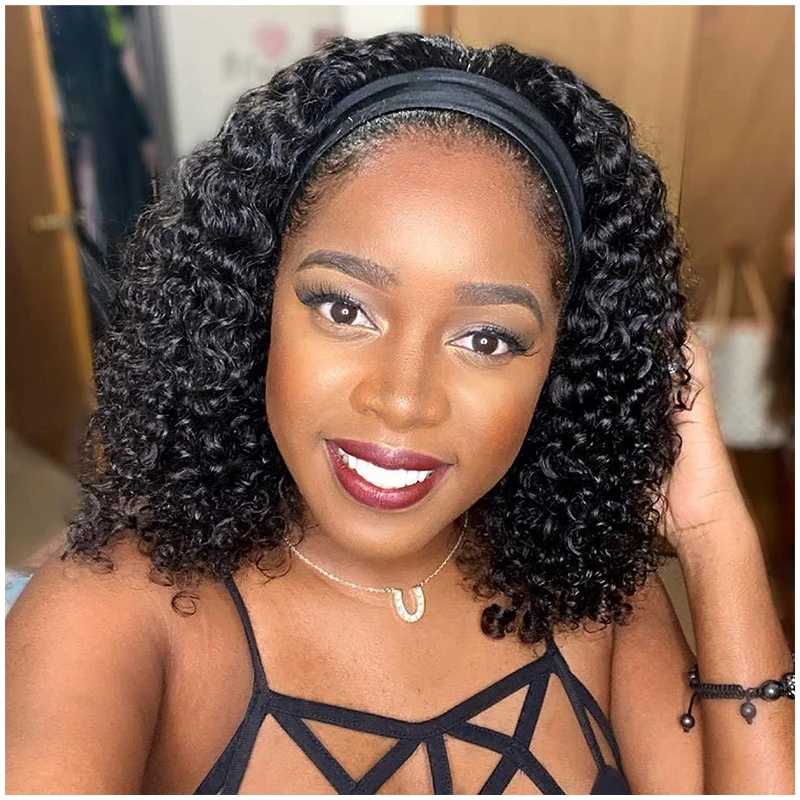 Human Hair Wig with Long Curly Deep Waves Ice Silk Headband Small to Large Cap Sizes-Remy Hair for Black Woman